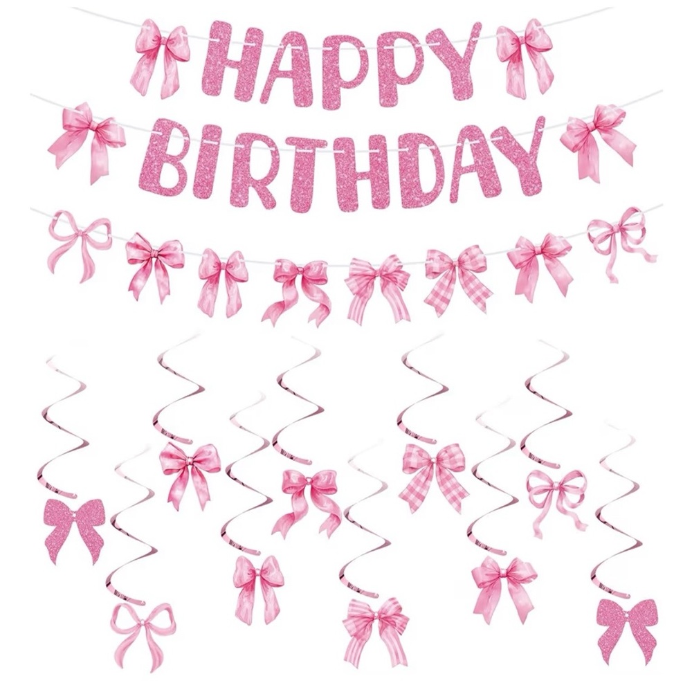 Pink bow Happy Birthday Party Decoration Set